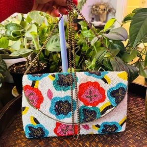 Beaded Floral Crossbody Clutch in White with Multicolor Flowers